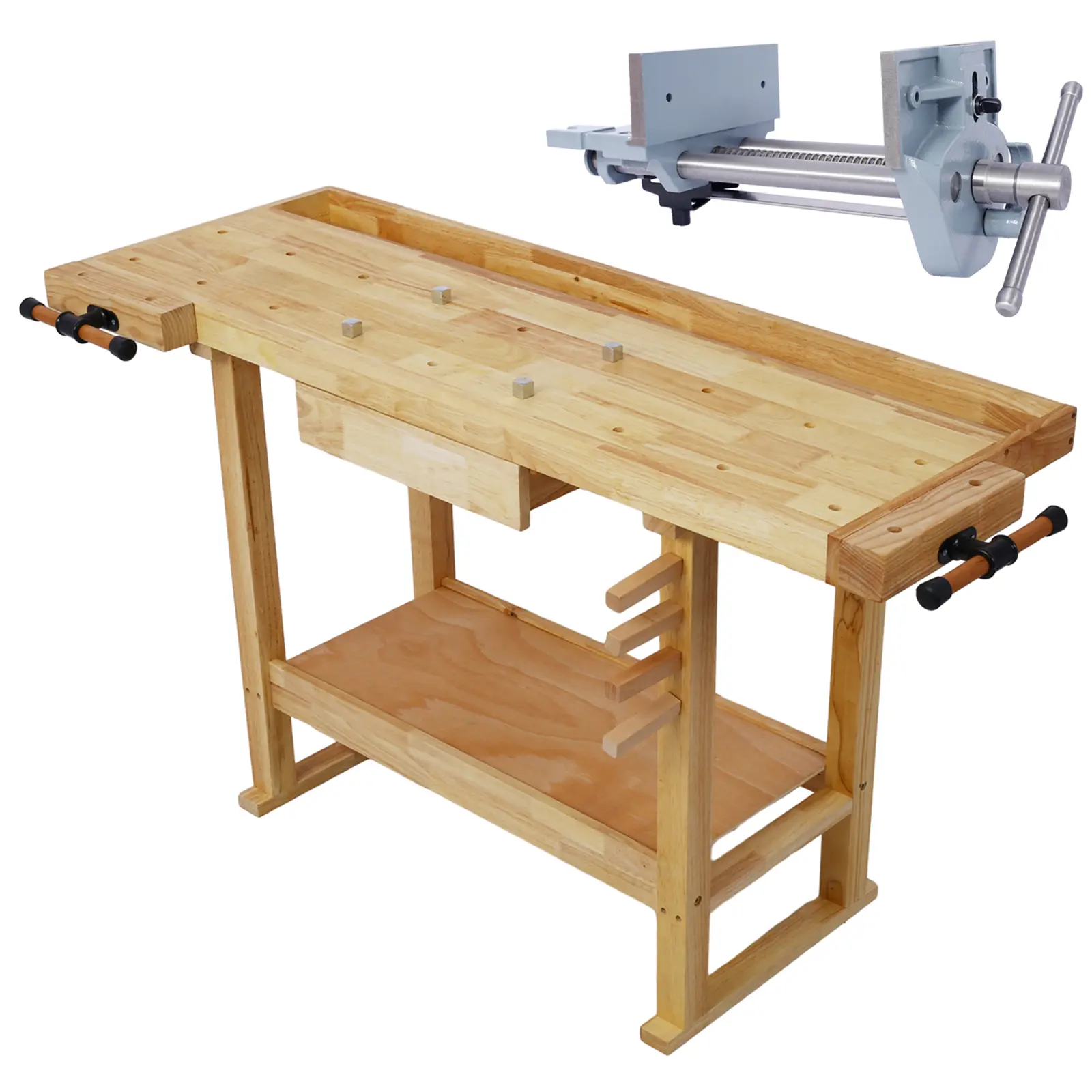 Heavy-Duty Rubberwood Workbench - 55-in, 28.6kg, 330 lbs Capacity, 7-in Cast Iron Vise with Quick Release Mechanism, Adjustable Legs, Grooved Top, Metal Pillars, 3-in Storage Space, Easy Setup, Durable, Assembly Required for Garage Workshops, 3 Inches, 33
