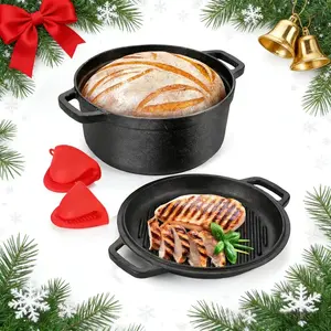 Cast Iron Round Dutch Oven 5.5QT Pot with Lid Dual Handles Silicone Gloves Oven Safe up to 500°F Heavy Duty Pre Seasoned Cookware for Bread Baking Braising Stews Roasting pots and pans set butter bell