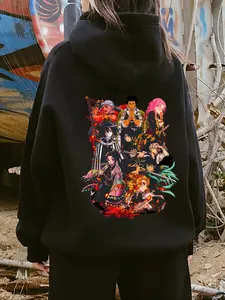 Women's Casual Hooded Drawstring Pocket Sweatshirt, Casual Comfy Pullover, Demon Slayer Print Street Fashion, Geometric Pattern, All Seasons Wear