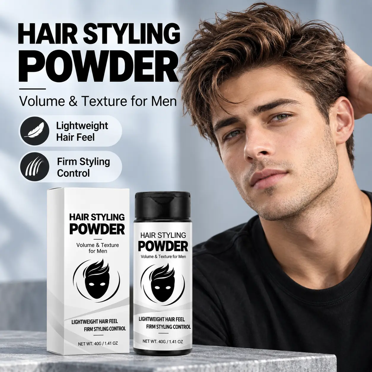 Men's Hair Texture Powder, Lightweight Volumizing Hair Styling Powder for Volume & Texture, Adds Fuller-Looking Hair with Firm Styling Control, Easy Daily Styling for Men, 40g