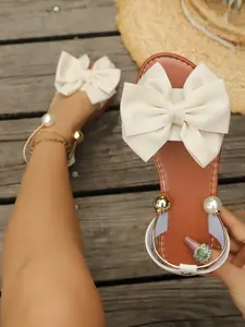 Women's Cute Bow Flat Sandals, Fashion Round Toe Textile Shoes, Elegant Plain Design, Outdoor Beach Footwear, Casual Summer Slippers, Classy sandal