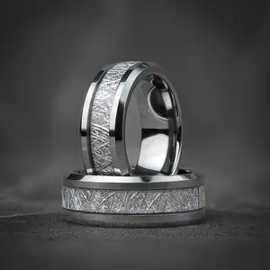 Men's Silver Tungsten Meteorite Wedding Band 8mm Comfort Fit Ring with Unique Meteorite Inlay Design