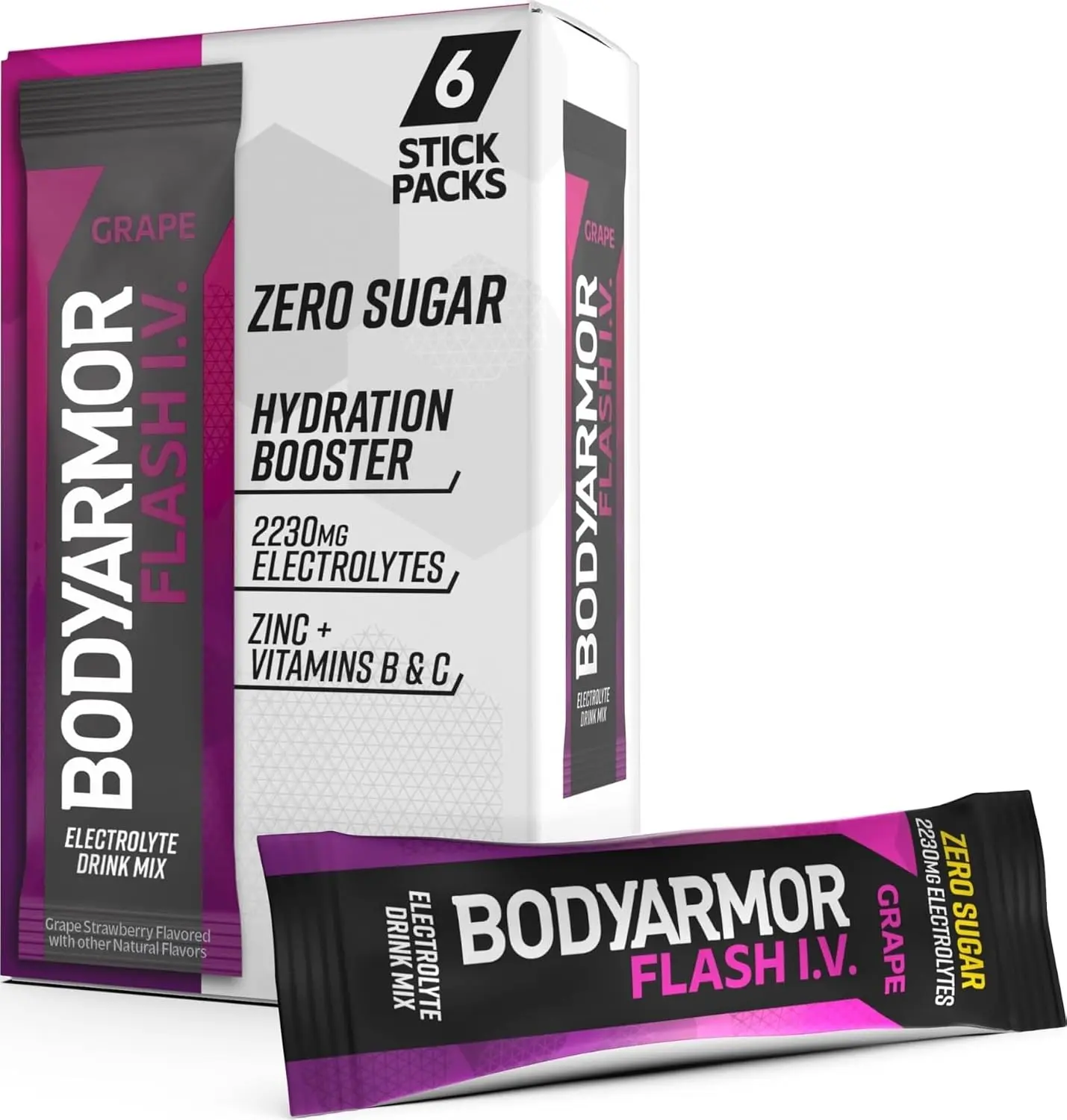 BODYARMOR Flash IV Electrolyte Packets, Grape - Zero Sugar Drink Mix, Single Serve Packs, Coconut Water Powder (6 Count)