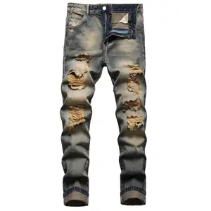 MXCVYCC Men's Ripped Slim Fit Jeans Distressed Regular Fit Brown Straight Leg Comfort Flex Denim Jeans with Pockets for Streetwear Fathersdaygift Thanksgiving Outfits Birthday Outfits