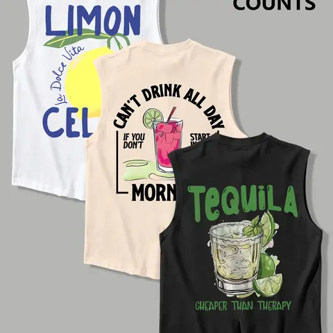 3-Pack American Vintage Print Sleeveless, Casual Basic Tanks, Summer Breathable Loose-Fit Sporty Wear, Unisex Beach Vacation, Graphic Sleeveless Shirts