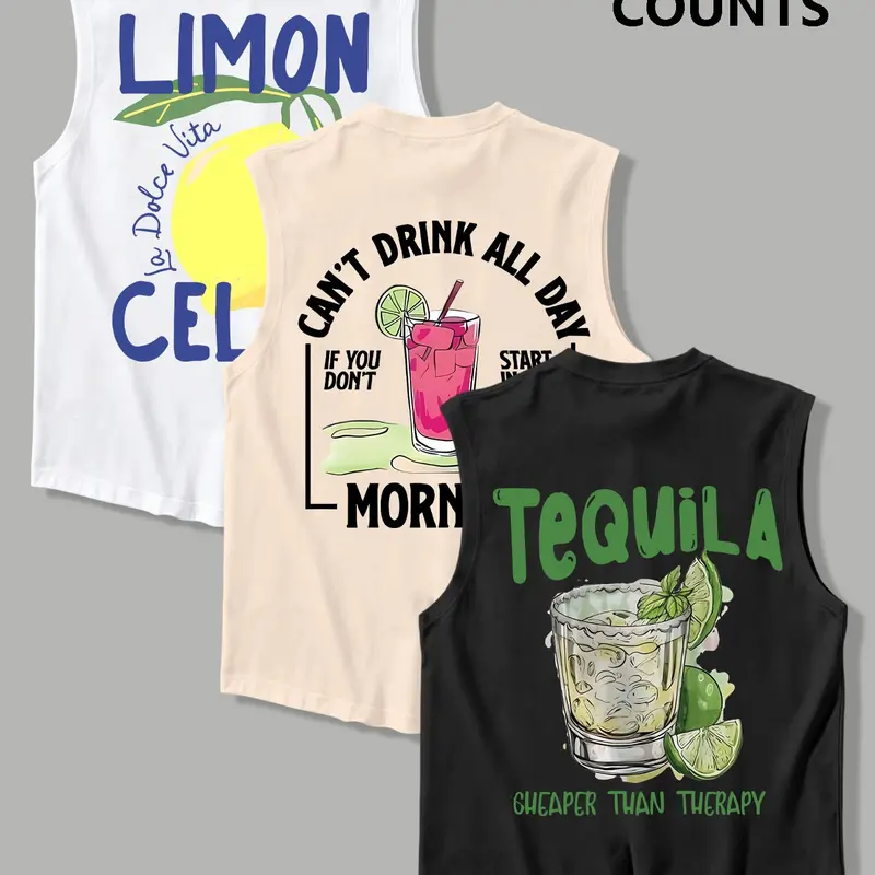 3-Pack American Vintage Print Sleeveless, Casual Basic Tanks, Summer Breathable Loose-Fit Sporty Wear, Unisex Beach Vacation, Graphic Sleeveless Shirts
