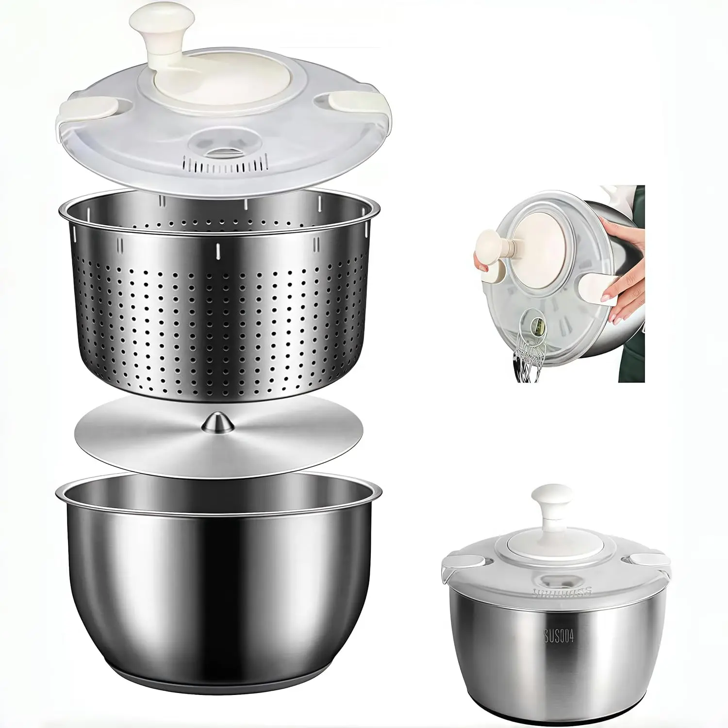 6L Stainless Steel Salad Spinner, Vegetable Spinner, Lettuce Spinner, Fruit Washer, Quick Spin Commercial Salad Spinner for Household Vegetables and Pasta Fries Spinner Essential Kitchen Utensils fyjf