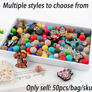 Cartoon Animal Design Silicone Bead, 50pcs/box Round Silicone Bead, DIY Jewelry Making Accessories for Keychain, Pen, Bracelet, Necklace, DIY Galaxy Beads, Bead Set