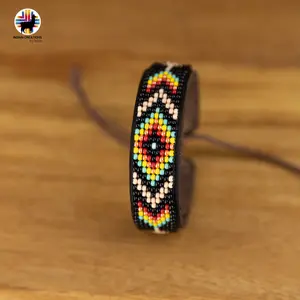 Indigenous Creations Beaded Cuff Bracelet Handcrafted Leather Sliding Knot Adjustable. Length Authentic & Durable