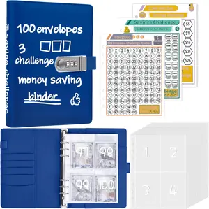 [USA Stock] - 100 Envelopes Money Saving Challenge Binder with Lock, A5 Savings Binder Challenge Book Budget Planner with Cash Envelopes for Money Saving - Password Lock to Protect Cash Security, Blue
