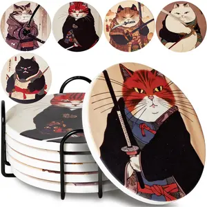 Gifts for Cat Lovers Anime Cat Decor Set of 6 Drink Coasters with Holder
