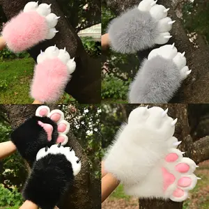 Faux Fur Plush Gloves Furry Paws For Cosplay Halloween Costume Accessories Fursuit Head Matching Cat Gloves With Claws For Adults Black White Party