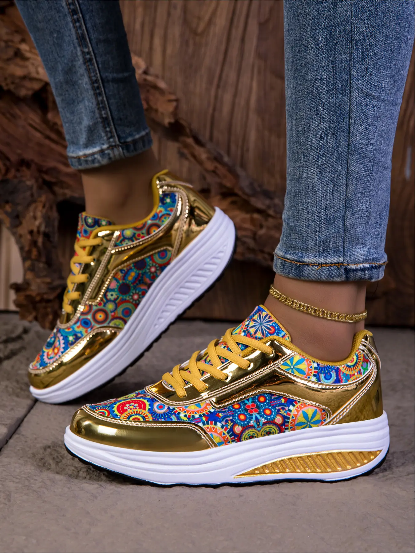 Women's Bohemian Colorful Print Platform Sneakers Metallic Gold Thick Sole Wedge Casual Walking Trainer Shoes Fashion Trendy Chunky Dad Shoes Comfort Non Slip Daily Sports Shoes