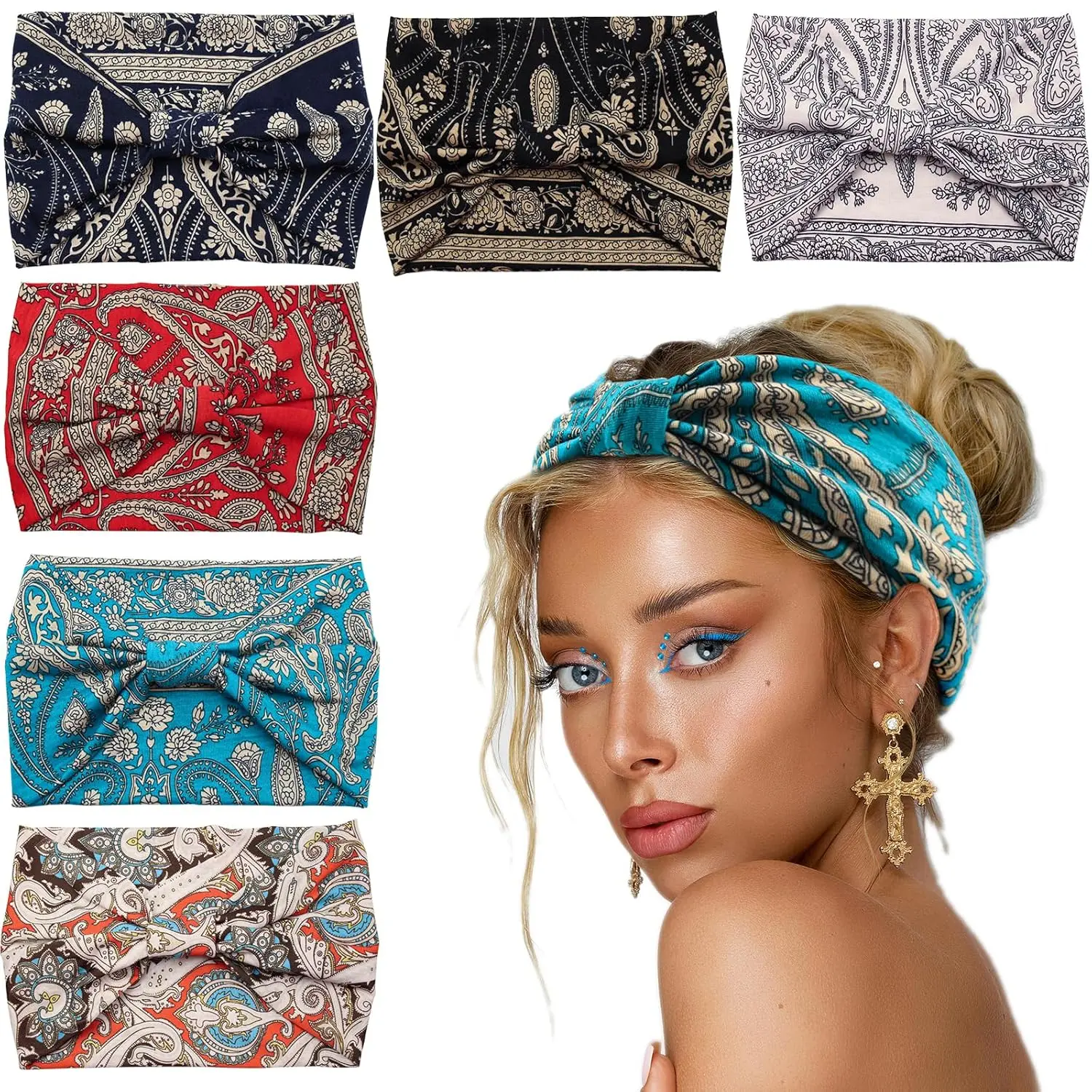 Women's 6-Piece Headband Set - Boho Knotted Wide Fabric Headbands, Non-Slip Sweat Wicking Turbans, Stretchy Sport Yoga Workout Hair Accessories for Hairstyling, Sweat Wicking Headband