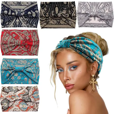 6PCS Wide Headbands for Women Boho Knotted Head Wraps Turbans Non Slip Bandana Headbands Sport Yoga Workout Stretchy Hair bands,Pack of 6