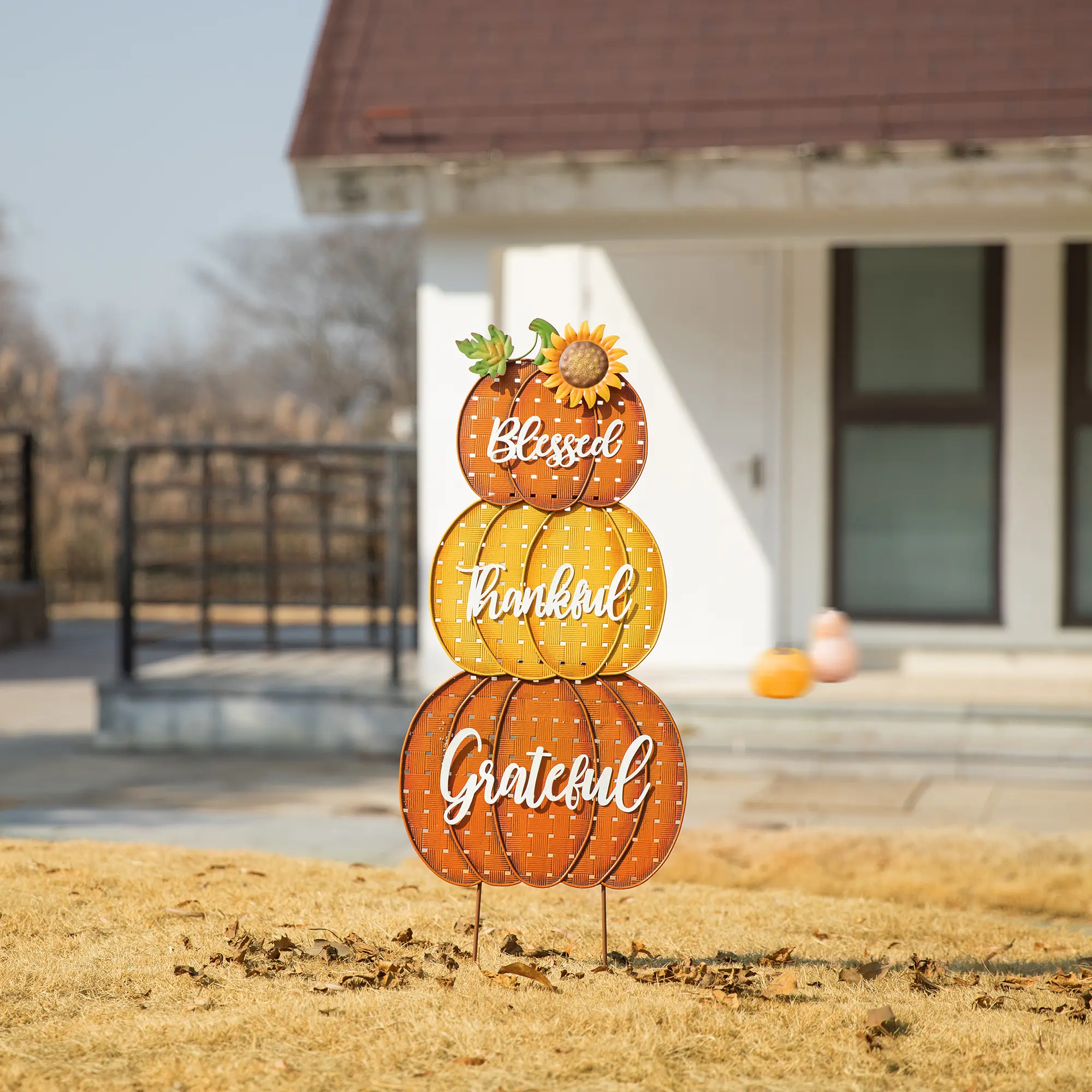 Glitzhome 35.5"H Thanksgiving Metal Stacked Pumpkins Yard Stake(KD, Two function)