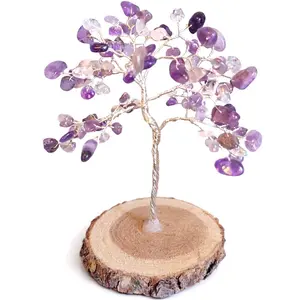 Amethyst Gemstone Prosperity Tree Semi Precious Stones Wood Base Decor Medium Size for Home Office