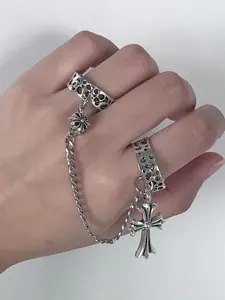 Cross Chain Ring Gothic Style Retro Hollow Out Finger Ring, Stackable Finger Rings, Women's Hip Hop Unique Design Streetwear Jewelry, Trendy Personality Ring