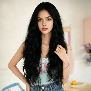 Lotfon Women's non adhesive synthetic wig, black big wave style, adjustable head circumference, comfortable fit, lightweight and breathable without feeling stuffy, instantly changes your style, suitable for daily wear