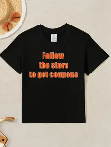Follow The Store To Get Coupons Orange Outline Text Print Black Crew Neck Casual Short Sleeve Shop Reminder Simple Graphic T-Shirt