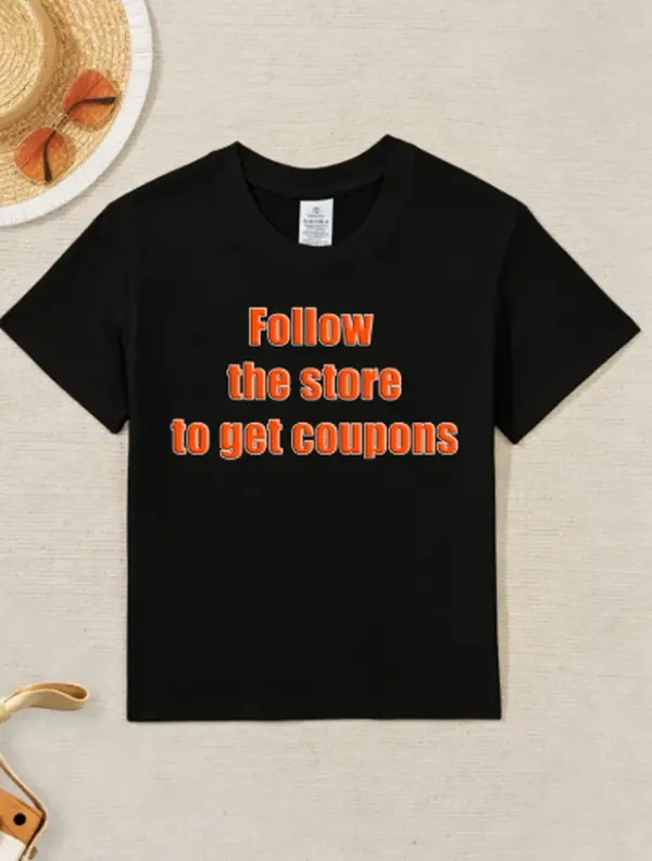 Follow The Store To Get Coupons Orange Outline Text Print Black Crew Neck Casual Short Sleeve Shop Reminder Simple Graphic T-Shirt
