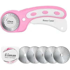 45mm Rotary Cutter with 5pcs Extra Blades, Ergonomic Handle Rolling Cutter with Safety Lock for Fabric, Leather, Crafting, Sewing, Quilting, Perfect for Left & Right Hand (Pink)