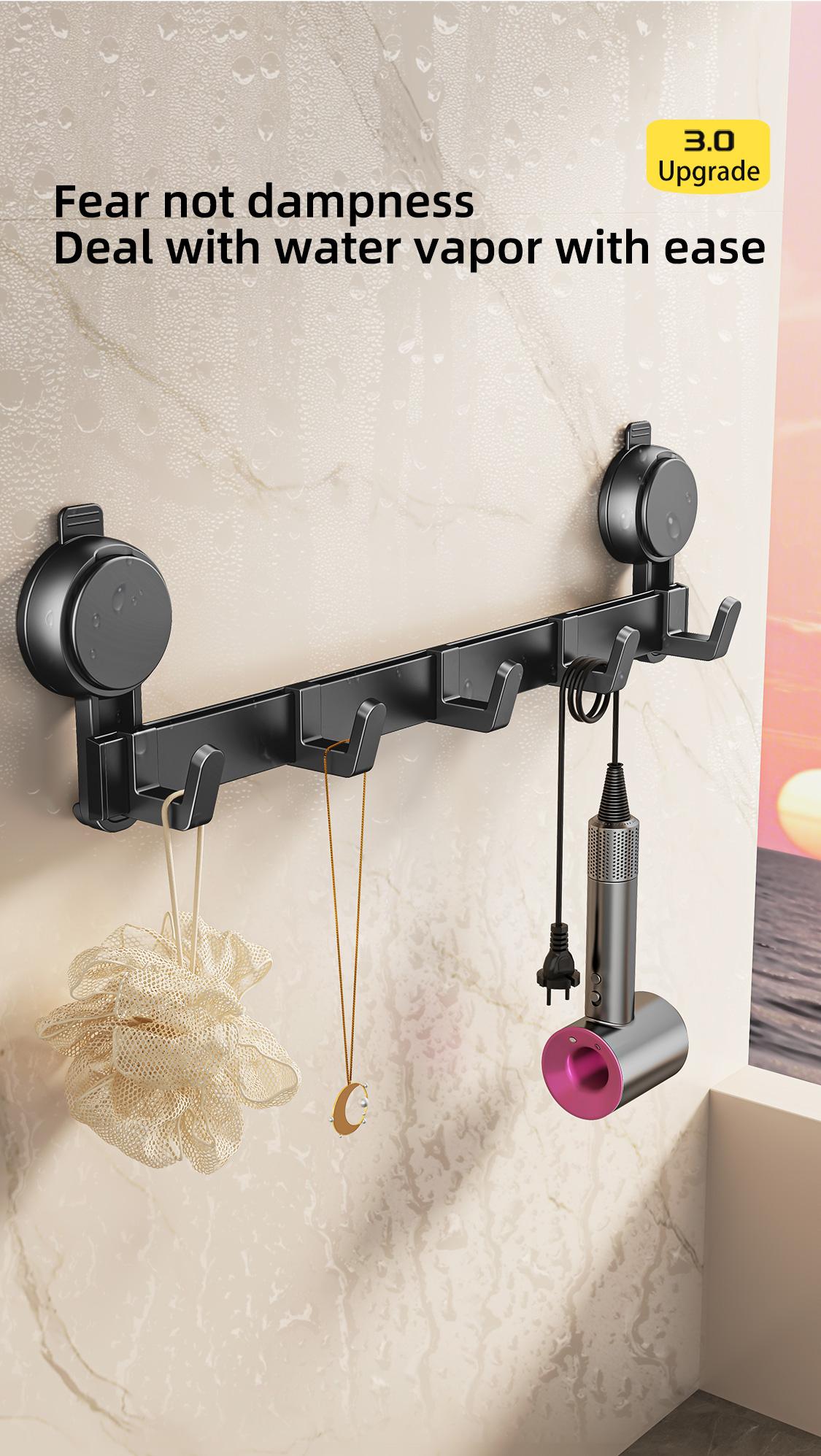 5 Hooks Suction Cup Hook Rack Heavy Duty No Drilling Bathroom Shower Door Black Rustproof Aluminum