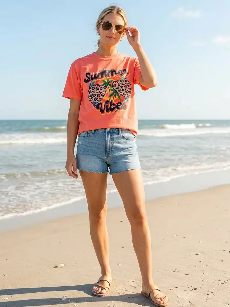 Summer Vibes Leopard - Short Sleeve Tee in Bright Salmon