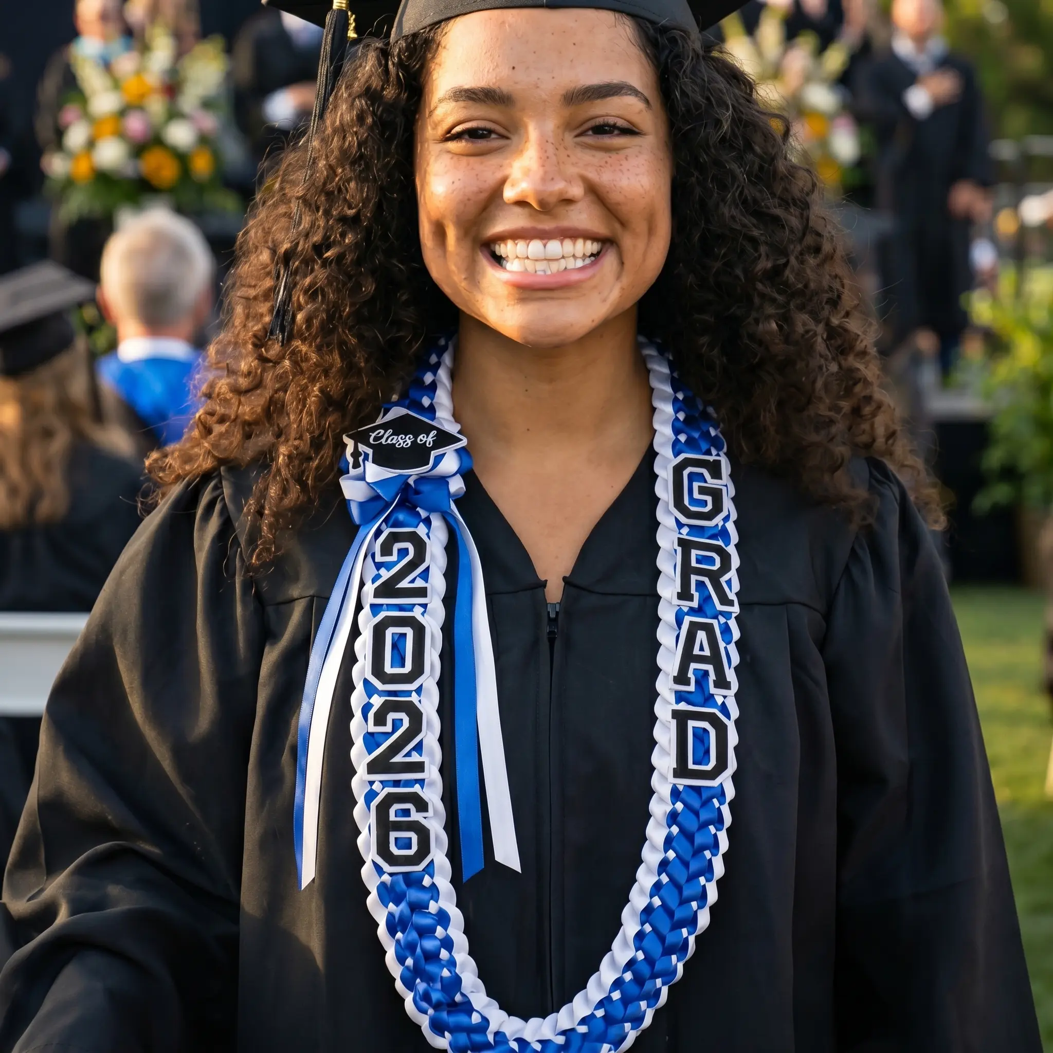 2026 Graduation Lei - Double-Braided Ribbon Necklace with Grad Letters & Cap Patch, Party Accessory for High School & College Graduates, Commemorative Gift