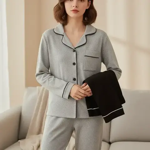Women's 2-Piece Lapel Cardigan Set, Casual Loose-Fitting Long-Sleeve Knitwear Fabric, Fall & Winter Loungewear Homewear Nightwear Pajama Womenswear Outfit