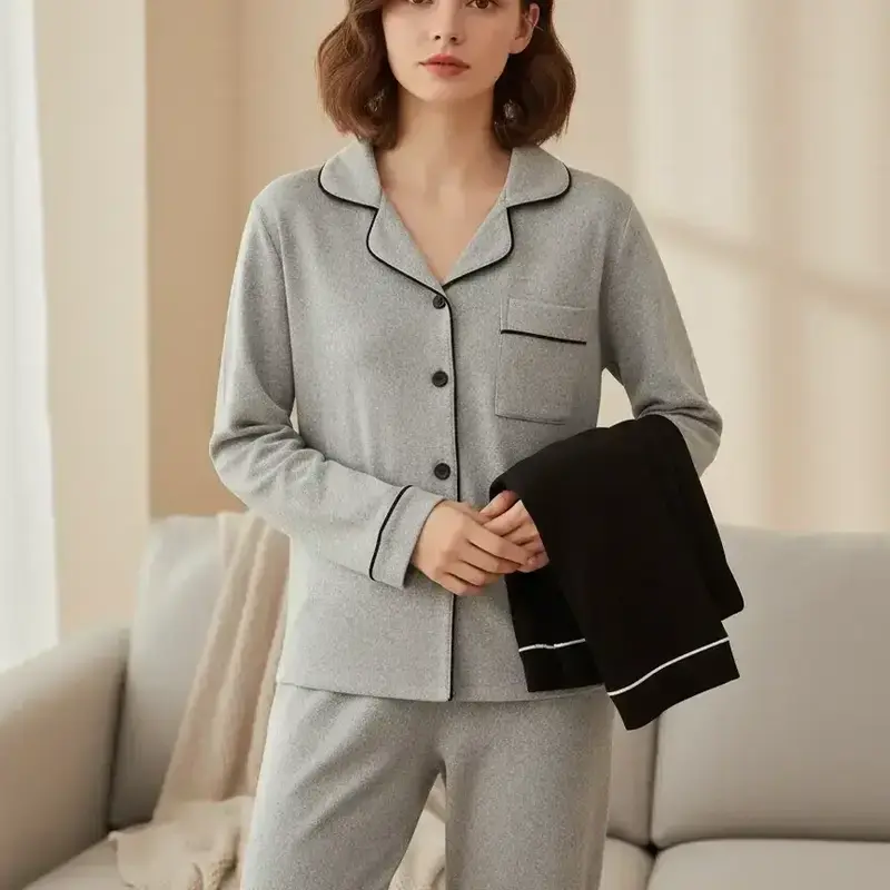 Women's 2-Piece Lapel Cardigan Set, Casual Loose-Fitting Long-Sleeve Knitwear Fabric, Fall & Winter Loungewear Homewear Nightwear Pajama Womenswear Outfit