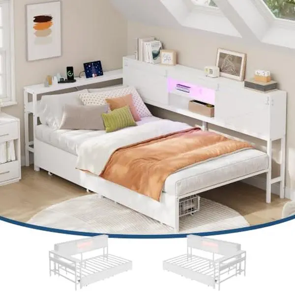 Twin Size Corner Bed Frame with Storage, Charging Station and RGB LED Light