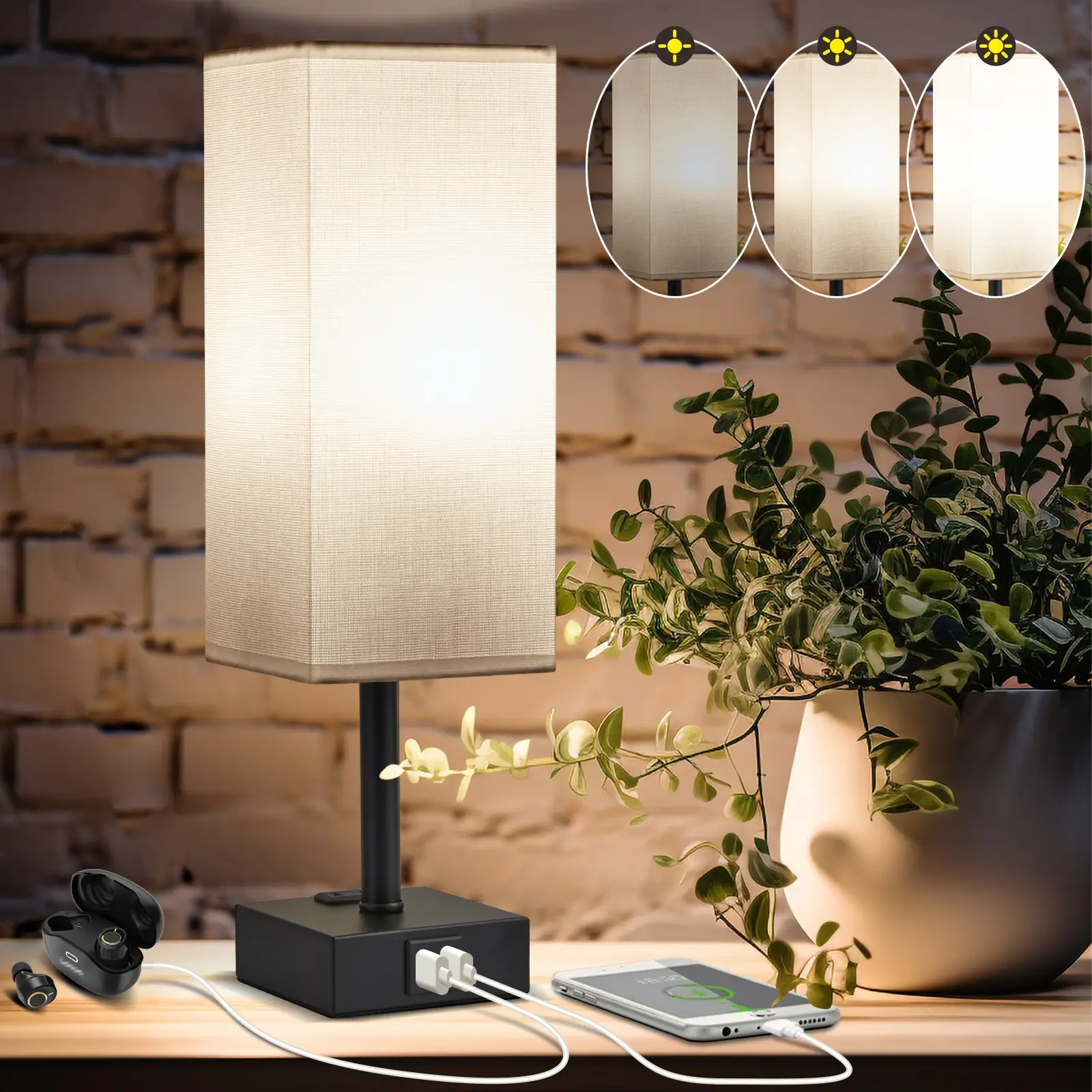 Dimmable USB Lamp Include One LED Bulb，Square Touch Lamp, Fabric Shade Lamp Built in 1 USB 1 Type C Ports & 1AC Outlet, Bedside Lamp Idea for Bedroom