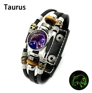 B Glow-in-the-Dark Genuine Leather 12 Zodiac Bracelet, Adjustable 6.9in-8.1in Strap, Vintage Wrap Design Constellation Horoscope Jewelry, Ideal Gift for Astrology Enthusiasts (Unisex), Y2K