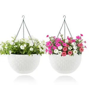 2-Pack 13.8" Self-Watering Hanging Planters – Large Resin Rattan Basket with Drainage Plug & Heavy Duty Metal Chains – Perfect for Indoor/Outdoor Plants & Flowers