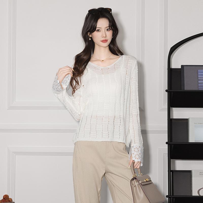 XINEV Women's Sweater 2025 Winter High-End Elegant Petite Laid-Back Fashionable Casual Knitted Base Layer Top Round Neck Mesh Knit Pullover White Comfort Elegance Piece Minimalist Long Sleeve Fitted Crewneck Basic Knitwear Womenswear sueter para mujeres