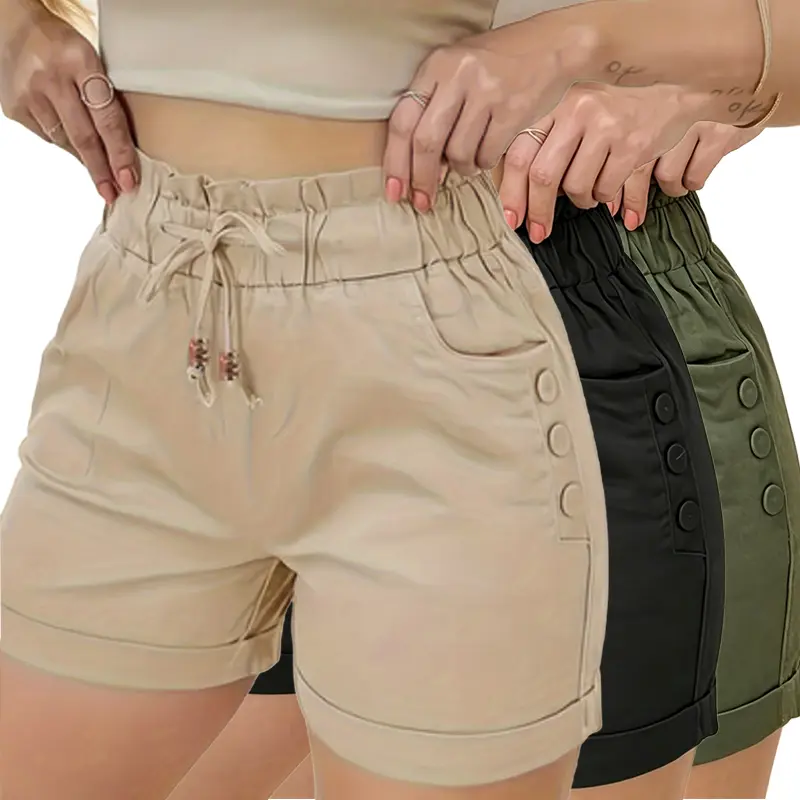 Women's High-Waist Cool Loose Fitting Chic 100% Polyester Shorts (Set of 3) - Cold Wash Compatible, Smooth Minimalist Garment, Pouch Waist Drawstring, Side Button Decoration, Casual Rolled Hem, Summer Ice-Feel Satin, Slimming Straight Hot Pants