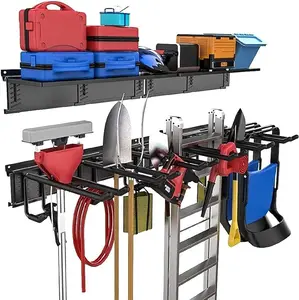 TORACK Garage Storage Organizer Systems, Wall Mount Overhead Shelving, 48 inch Heavy Duty Steel Tool Racks, 6-Pack 12'' Double Hooks, 48 inch by 7 inch Floating Shelves, up to 1200Ibs