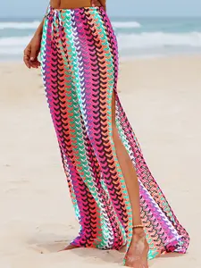 Popvil Rainbow Wave Beach Cover Up Pants – High Slit Resort Wide Leg, Boho Vacation Knit Trousers