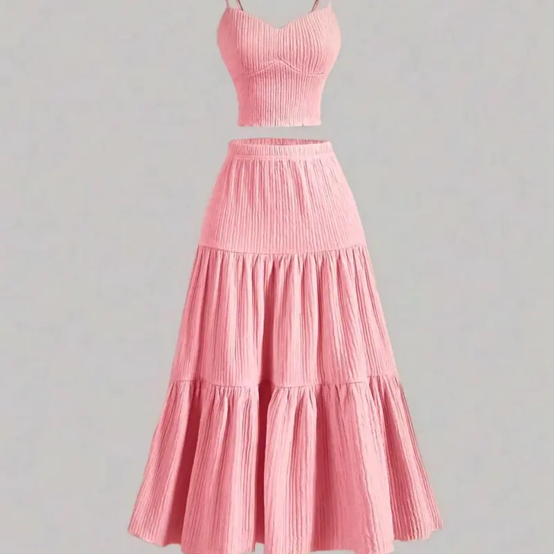 Women's Solid Woven Crop Cami Top & A-line Skirt 2-Piece Set, Casual Cozy Summer Womenswear for Daily Outdoor Wear