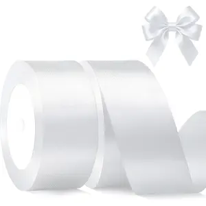 1-1/2 Inch 2 Rolls 50 Yards Total White Wide Satin Fabric Ribbon for Gift Packaging, Christmas, Wedding, Flower Bouquet, Holiday Party Invitation