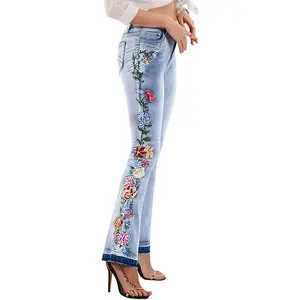 CHARTOU Womens Chic Floral Embroidered High-Rise Bell Bottom Flare Jeans Broad Feet Long Denim Pants