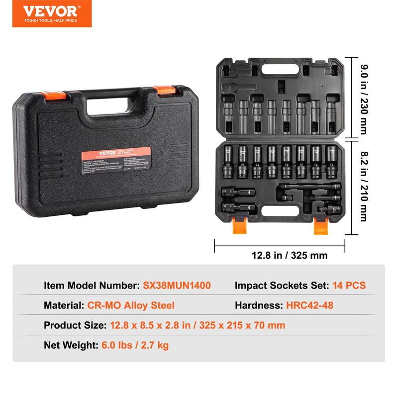 VEVOR 360 Degree Swivel 3/8'' Drive Impact Sockets Set,  , 14pcs CR-MO Metric Deep (10-19 mm), 6-Point Drive Socket Set Tool Case with 2 Extension Bars (3", 6"), 1/4" - 3/8" Adapter and a Universal Joint