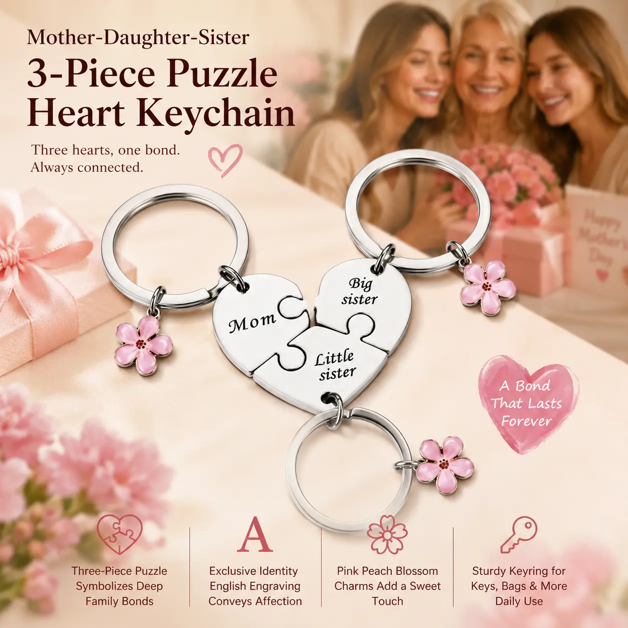 【Mother's Day Gift】Mother Daughter Keychain for 3, Mother Big Sister Little Sister Keychain for 3, Sweet Meaningful Gift for Mom for Mother's Day, Birthday, Christmas or Just Because