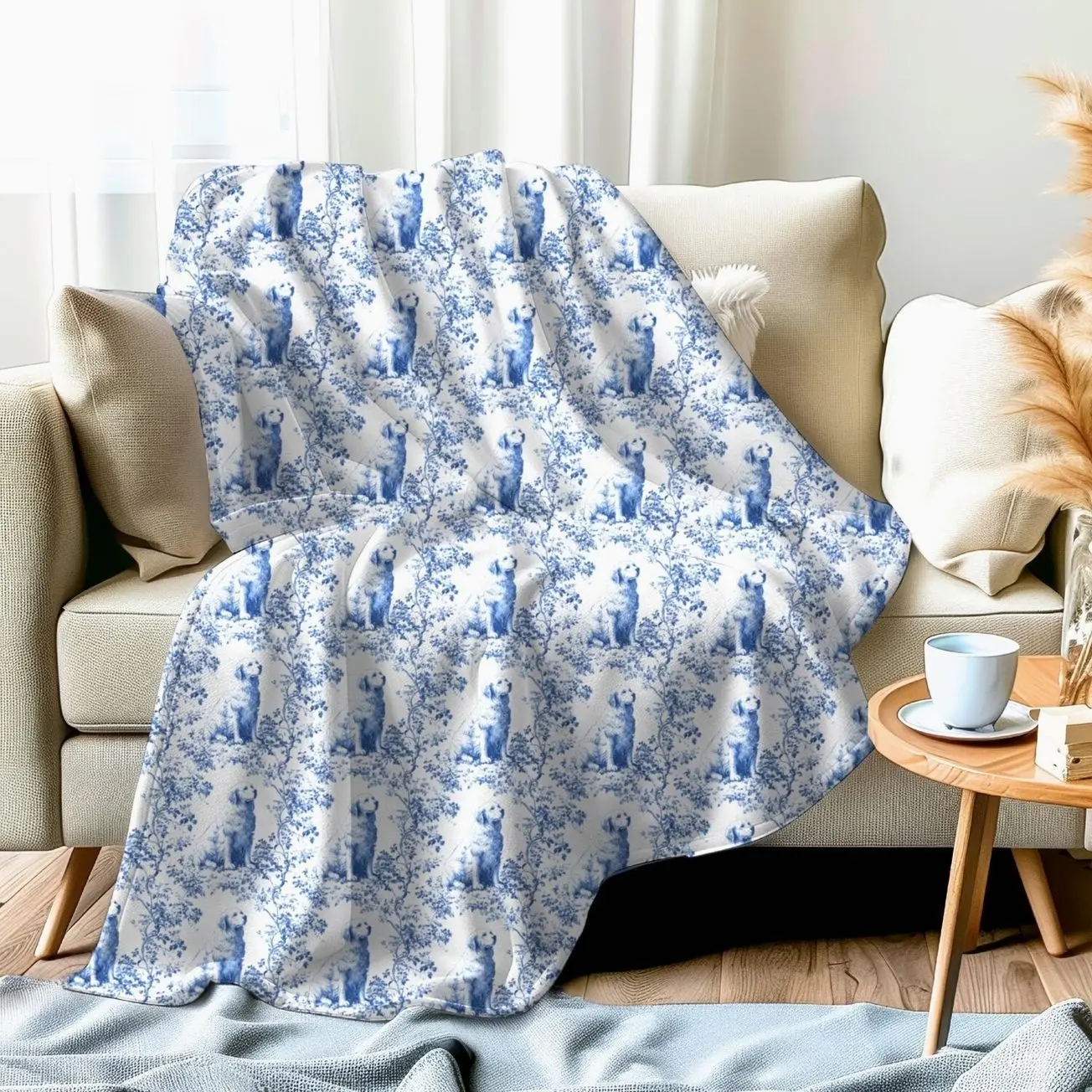 Great Pyrenees French Toile Blanket, Blue French Toile Throw for Pyrenees Lovers, Toile de Jouy Gift for Dog Lovers French Country Decor