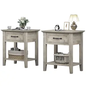 End Table with Drawer, Wooden Bedside Nightstand, 2-Tier Storage Shelves Set of 1/2 PC, Multifunctional Bed Side Table Cabinet for Bedroom Living Room Study Room Dorm Home Furniture