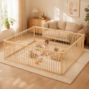 Premium Wooden Baby Playpen, 8-Panel Foldable Toddler Play Yard with Safety Lock & Suction Cups, Unpainted Pine Wood Enclosure