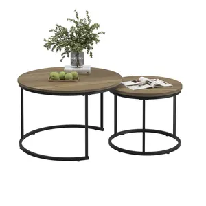 Donext Nesting Coffee Table Set of 2 27.6inch Round Industrial Wood Finish with Sturdy Metal Frame Brown End Tables for Living Room Bedroom Balcony Yard