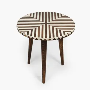 Handcrafted Moroccan Brown & White Wooden Side Table