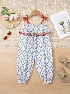 Toddler Cute Girls' One-Piece Jumpsuit, Toddler Outfit, Suitable for 3-8 Years, Spring Summer Floral Ruffle Elastic Waist, Thin Straps Bow Design, Valentine Gift